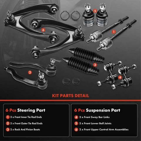 12-Piece Front Suspension Kit With Upper Control Arm, Sway Bar Links, Lower Ball Joint, Inner Outer Tie Rod Ends, And Rack And Pinion Boot For Honda CR-V 1997 1998 1999 2000 2001 2.0L L4 Bolt-On Ready