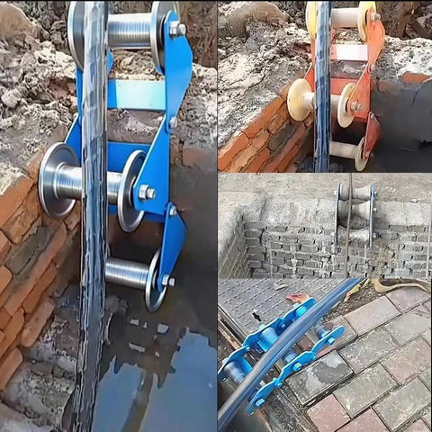 Beefy Heavy Duty Cable Puller Sheave For Industrial Wire Laying with Steel Construction showing three-section setup in use on site