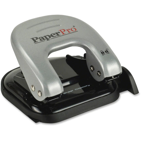 EZ Squeeze Reduced Effort Two Hole Punch For Home Office With No Jam Technology on a desk, durable metal construction and locking handle.