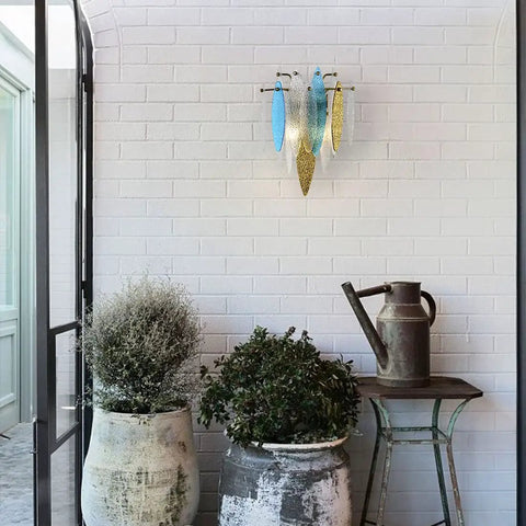 Mid Century Modern Boho Crystal Wall Sconce Golden Brass Adjustable Retro Wall Lamp on white brick wall in elegant corridor