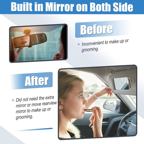 Graphic showing comparison of car mirror usage before and after install; woman applying makeup using built-in mirror.