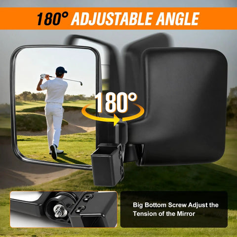 Top Shelf Heavy Duty Golf Cart Side Mirrors Featuring A Straight Up Easy No Sweat Roof Mount Zero Shudder Clarity 180 Degree Precision Swivel Fits Square Tube Carts Smooth Cruising Vibes with adjustable angle.