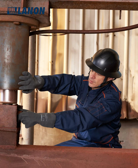 Worker wearing Full Brim Hard Hat For Worksite Safety OSHA Approved Construction Helmet In Charcoal Gray FRP Safety Gear