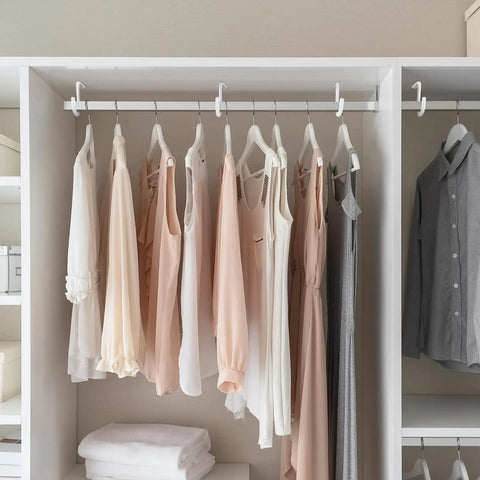 Heavy Duty Closet Rod Center Supports Four Piece Rock Solid Premium Wall Mount Steel Brackets Zero Sag Guarantee Beefy Build Top Shelf Wardrobe Storage Hardware White with hanging clothes.