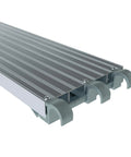 Heavy Duty Aluminum Scaffold Platform Three Pack for Exterior Scaffolding Frames Seven Feet Long and Nineteen Inches Wide Each With 75 PSF Load Capacity Durable Aluminum Work Planks, shown close up