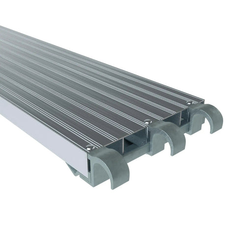 Heavy Duty Aluminum Scaffold Platform Three Pack for Exterior Scaffolding Frames Seven Feet Long and Nineteen Inches Wide Each With 75 PSF Load Capacity Durable Aluminum Work Planks, shown close up