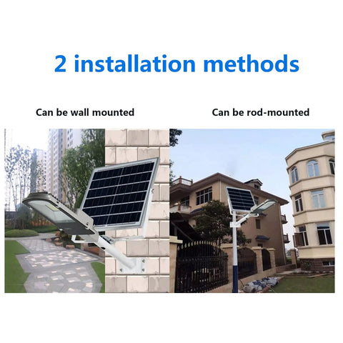 Heavy Duty Solar Security Lights Outdoor With Motion Sensor Floodlight IP65 Waterproof shown with wall and rod mounting options.