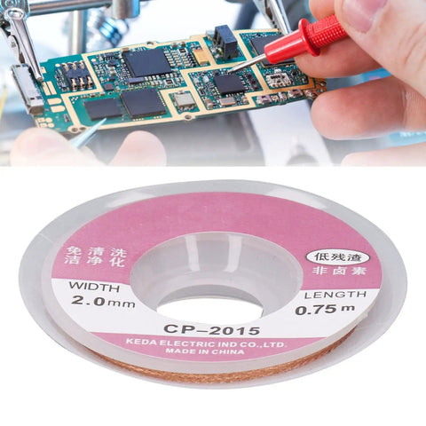 Pro Grade Red Copper Solder Wick Braided Desoldering Wick 5 Pack for PCB repair. Image shows 2 mm wide solder wick for electronics work.
