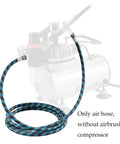 Six Foot Nylon Braided Airbrush Hose With Slick Zero Drip Airflow And Dual 1/8 Inch Ports Plus 1/8 Male To 1/4 Female Fitting, view with compressor.