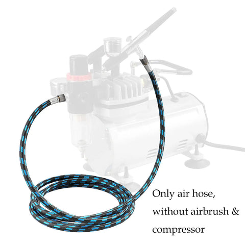 Six Foot Nylon Braided Airbrush Hose With Slick Zero Drip Airflow And Dual 1/8 Inch Ports Plus 1/8 Male To 1/4 Female Fitting, view with compressor.
