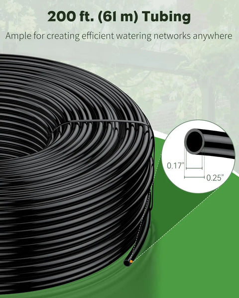 Coiled 200 Ft 1/4 Inch Drip Irrigation Tubing Blank Distribution Tube PVC For Garden Watering System with diameter details.