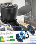 52 Inch Black Flush Mount Ceiling Fan With Remote And Light Kit, Low Profile Modern Look, 3 Blades, 3 Color Dimmable LED Lights