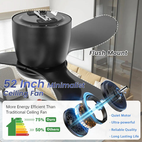 52 Inch Black Flush Mount Ceiling Fan With Remote And Light Kit, Low Profile Modern Look, 3 Blades, 3 Color Dimmable LED Lights