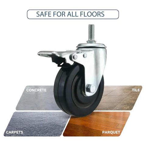 Heavy Duty Quiet Caster Wheels With Brakes Rubber Swivel Castors For Carts Threaded Stem on mixed flooring surfaces
