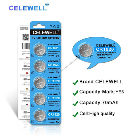 Premium CR1620 3V Lithium Coin Batteries 5 Pack Delivering 70mAh Hardcore Longevity For Key Fob Trackers Car Remotes Digital Devices in packaging.