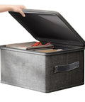 Slick Fabric Storage Bin With Combination Lock Waterproof Foldable Wardrobe Organizer Keeps Your Essentials Safe, gray with open lid.