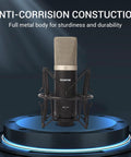 Condenser XLR Microphone With Large Diaphragm Cardioid Studio Mic Kit Including Shock Mount For Studio Recording Live Streaming Podcasting Voiceover And YouTube Black with metal construction