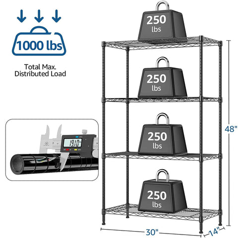 Heavy Duty 4 Tier Metal Wire Shelf On Wheels 1000 Lb Capacity Adjustable Height Storage Rack for Garage Kitchen Laundry Black
