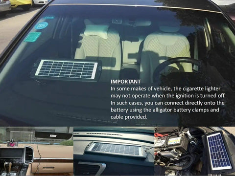 Portable 12V Solar Battery Trickle Charger And Maintainer Kit with Four Watt Panel in car windshield setup