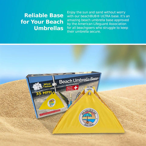 Ultra Beach Umbrella Base For 7.5 Ft Umbrellas With 75 Lb Bottom Weight Heavy Duty Stability ASTM F3681 24 Compliant packaging on sand