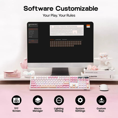 Full Size Mechanical Keyboard With Smart Screen And Media Knob For Rgb Backlit Gaming Setups showcasing software customization on a computer.