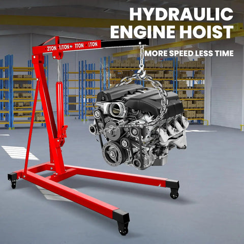 4400 Lb Heavy Duty Engine Crane And Hoist Cherry Picker with a 2-ton capacity lifting an engine in a garage.