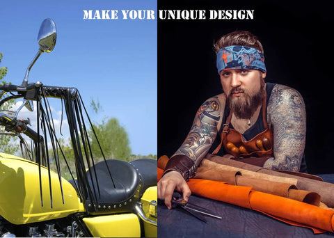 Man crafting with leather and motorcycle using Heavy Duty Brass Rivets Kit With Beefy D Rings For Leatherwork Purse Belts Bags Shoes Cases
