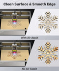 Air Assist for laser cutter module engraving wooden snowflake; shows effect with air assist vs no air assist.