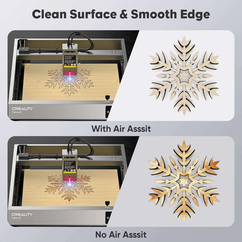 Air Assist for laser cutter module engraving wooden snowflake; shows effect with air assist vs no air assist.
