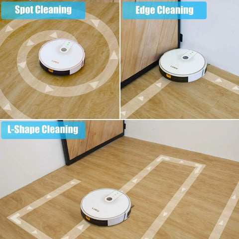 Ultra Slim Robot Vacuum And Mop Cleaner With WiFi App Control Auto Recharge 1600Pa Suction displaying spot, edge, L-shape cleaning modes.