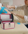 Sweet Aluminum Alloy Pedicure Rig With Layered Lockable Storage For Nail Techs And Makeup Pros, open case at treatment session.