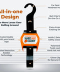 All In One PPE Organizer For Hard Hats With Magnetic Backing, Belt Clip And Hook, features and design details on display.