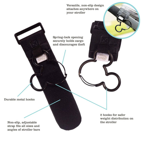 Image of Stroller Hooks 2 Pack Carabiner Clips For Baby Gear Heavy Duty Universal Stroller Clips For Water Bottles And Diaper Bags Mickey Mouse Licensed Travel Accessory For Moms On The Go, showing durable metal hooks with Mickey Mouse design and secure, adjustable straps.