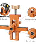 2 In 1 Cabinet Door Installation Jig With Adjustable Positioner in orange, aluminum alloy with precise dual 0-30 unit scales, and 3 drill bits.