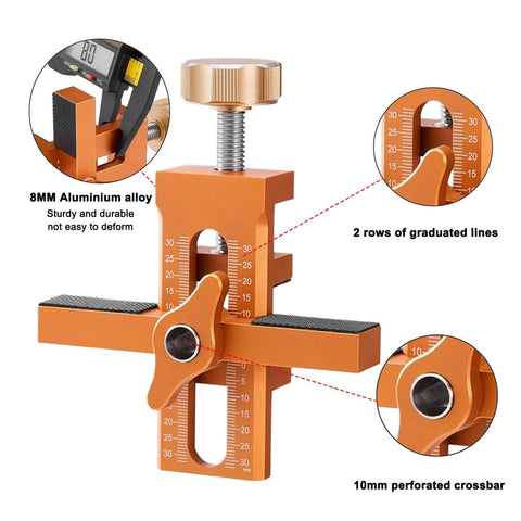 2 In 1 Cabinet Door Installation Jig With Adjustable Positioner in orange, aluminum alloy with precise dual 0-30 unit scales, and 3 drill bits.