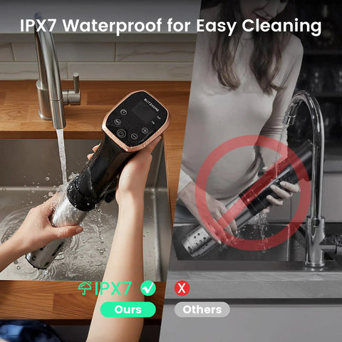 Pro Grade Sous Vide Cooker Immersion Circulator With Recipes, IPX7 Waterproof And Ultra Quiet 1100W, Fast Heating, Precise Temperature 0.1 Degree Celsius And 99.59 Hour Timer, Compact Stainless Steel Design For Effortless Chef Level Results, IPX7 rinse in sink