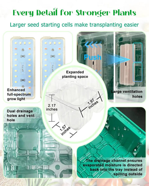 All In One Seed Starter Kit With Dual Grow Lights 2x24 LED Full Spectrum For Indoor Seedlings with humidity domes and drainage holes.