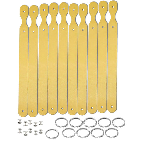 Grab These Straight Up Smooth Vegetable Tanned Leather Keychain Blanks 10 Pack Diy Craft Kit With Solid Rings And Rivets, yellow cowhide blanks with rings.
