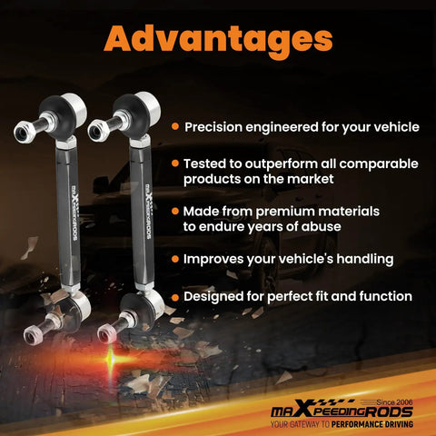 Universal Adjustable Front Sway Bar End Links 180mm-230mm For Cars And Light Trucks, Heavy Duty Steel, Easy Install, Improve Handling, Reduce Body Roll, Replaces Factory Links With Stud To Stud Range, pair shown