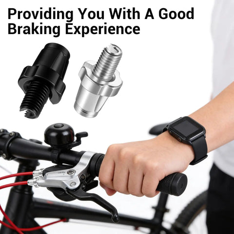 Cyclist using 7mm Bike Brake Cable Lever Adjuster Screws Set for Mountain Bikes; black and silver aluminum bolts shown