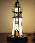 Lighthouse Style 10 Inch Tiffany Glass Table Lamp Handcrafted Stained Glass Accent Light For Home Decor LED Bulb Included Easy On Off Switch Lit Lighting For Living Room Or Nightstand
