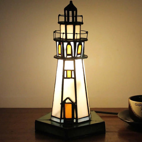 Lighthouse Style 10 Inch Tiffany Glass Table Lamp Handcrafted Stained Glass Accent Light For Home Decor LED Bulb Included Easy On Off Switch Lit Lighting For Living Room Or Nightstand