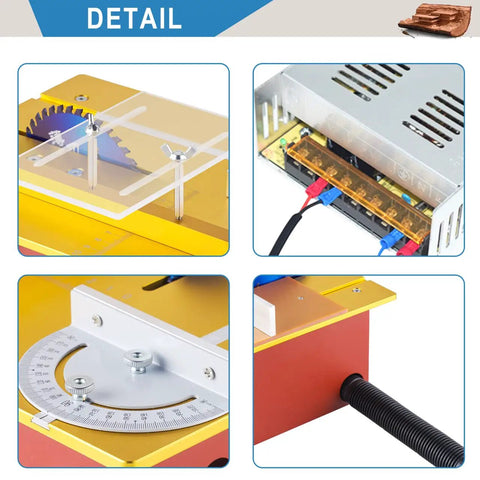 Close-up of Compact 360W Table Saw For Hobby Woodworking With Adjustable Blade Height 0 To 1.34 Inches Push Table Included