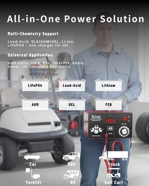 Tough As Nails Smart Battery Charger 12V To 72V Plug And Play LiFePO4 Lithium Lead Acid Desulfator in garage setting with golf cart.