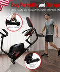 Heavy Duty Magnetic Recumbent Exercise Bike For Home Gym showcasing lifting handle and transport wheels for easy mobility.