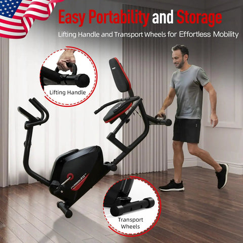 Heavy Duty Magnetic Recumbent Exercise Bike For Home Gym showcasing lifting handle and transport wheels for easy mobility.