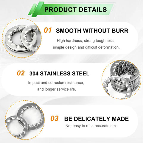Product details of Internal Tooth Star Lock Washers Assortment Kit 550 Pcs M2.5-M12 Stainless Steel 304 Rust Resistant