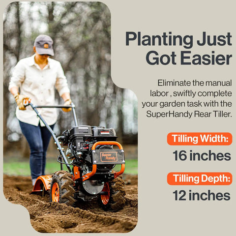 Person operating Heavy Duty Gas Tiller Cultivator With 7HP 209cc Engine, Adjustable Tilling Width And Depth, Rear Tine Design