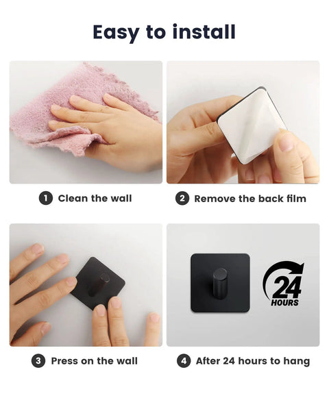 Installation steps for Heavy Duty Self Adhesive Wall Hooks 4 Pack For Bathroom Kitchen Coat Robe And More Matte Black Stainless Steel No Punch Installation Premium Finish That Resists Water And Rust For Towels And Coats With Easy Wall Friendly Adhesive.