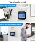 Solid Automatic Employee Time Clock Punch Machine Built For Busy Bosses, shown in desk and wall mounted options for easy use.